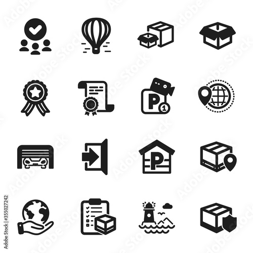 Set of Transportation icons, such as Air balloon, Delivery insurance. Certificate, approved group, save planet. Exit, Parcel tracking, Lighthouse. Opened box, Parking garage, Packing boxes. Vector
