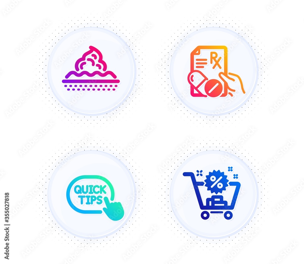 Prescription drugs, Quick tips and Skin care icons simple set. Button with halftone dots. Shopping cart sign. Pills, Helpful tricks, Face cream. Discount. Business set. Vector
