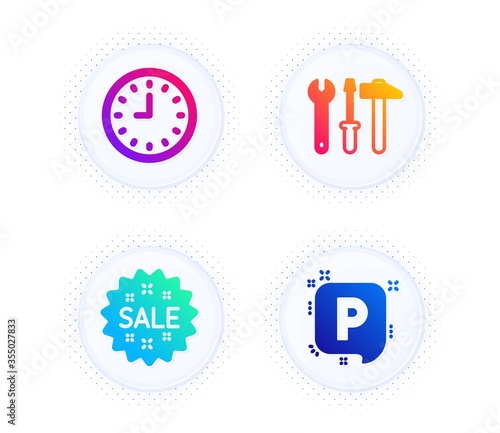 Clock, Sale and Spanner tool icons simple set. Button with halftone dots. Parking sign. Time or watch, Shopping star, Repair screwdriver. Auto park. Business set. Gradient flat clock icon. Vector