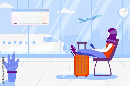 Young woman is sittinding near window at the airport and watching plane before departure. Travel tourist standing with luggage watching sunset at airport window lifestyle vector illustration concept