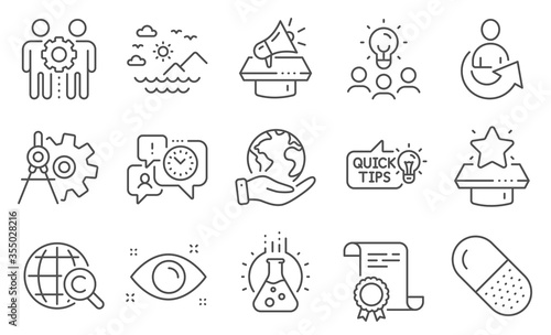 Set of Business icons, such as Health eye, Capsule pill. Diploma, ideas, save planet. Employees teamwork, Megaphone, Time management. Winner podium, Education idea, International Ð¡opyright. Vector