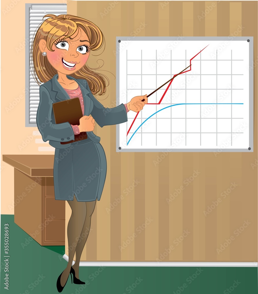 Cute cartoon businesswoman with pointer in office Cute cartoon businesswoman with pointer in office
