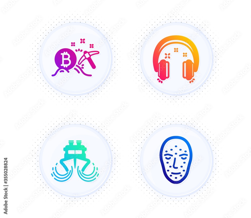 Headphones, Bitcoin mining and Ship icons simple set. Button with halftone dots. Face biometrics sign. Earphones, Cryptocurrency pickaxe, Shipping watercraft. Facial recognition. Vector Headphones, Bitcoin mining and Ship icons simple set. Button with halftone dots. Face biometrics sign. Earphones, Cryptocurrency pickaxe, Shipping watercraft. Facial recognition. Vector