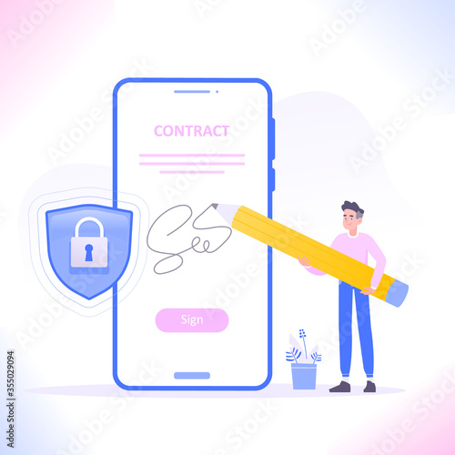 Digital signature or e-signature concept. Signing electronic business contract document with digital signature, vector illustration