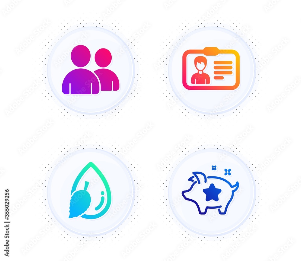 Identification card, Water drop and Users icons simple set. Button with halftone dots. Loyalty points sign. Person document, Mint leaf, Couple of people. Piggy bank. Business set. Vector Identification card, Water drop and Users icons simple set. Button with halftone dots. Loyalty points sign. Person document, Mint leaf, Couple of people. Piggy bank. Business set. Vector
