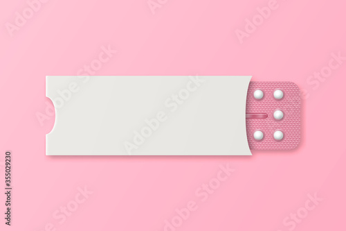 Vector Banner with Realistic Packaging of Birth Control Pills in Blister Closeup Isolated on Pink Background. Contraceptive Pill, Hormonal Pills. Design Template. Planning Pregnancy Concept. Top View