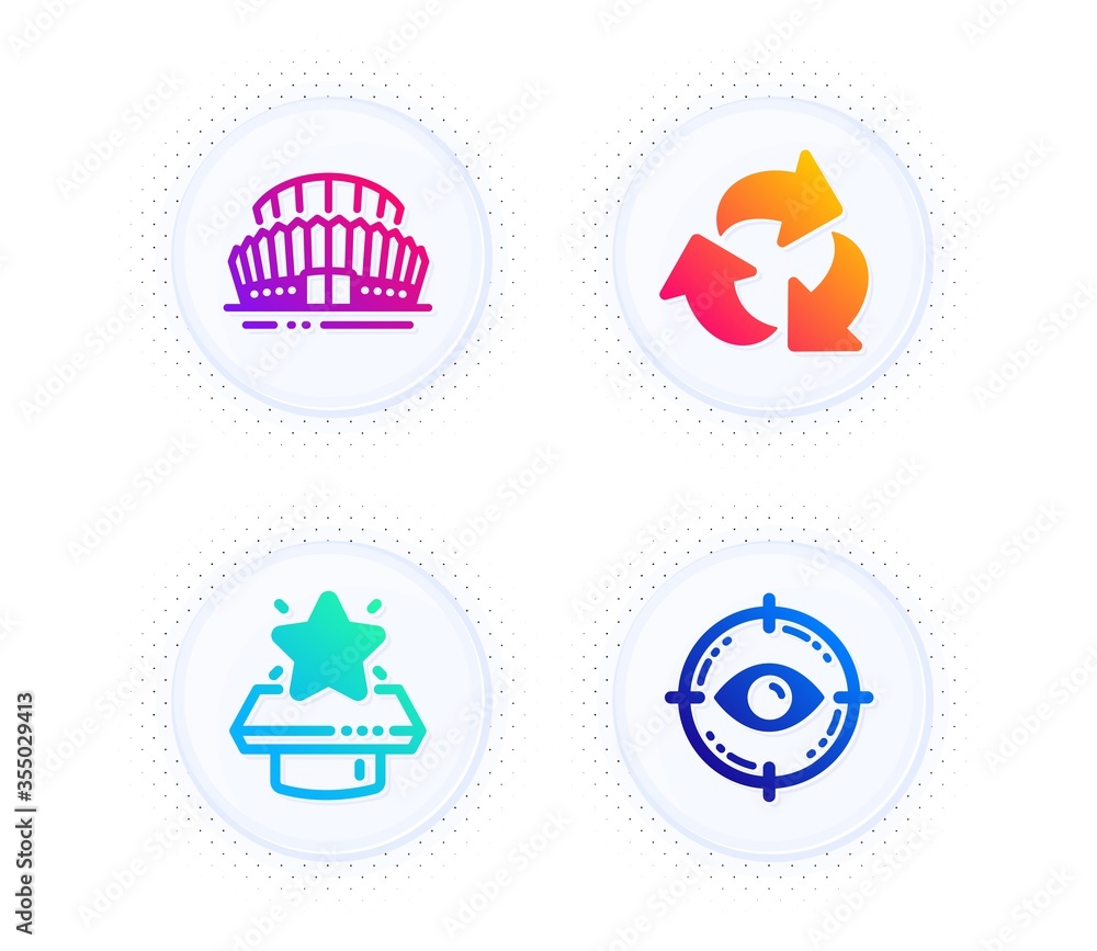 Sports stadium, Recycle and Winner podium icons simple set. Button with halftone dots. Eye target sign. Championship arena, Recycling waste, First place. Optometry. Business set. Vector Sports stadium, Recycle and Winner podium icons simple set. Button with halftone dots. Eye target sign. Championship arena, Recycling waste, First place. Optometry. Business set. Vector