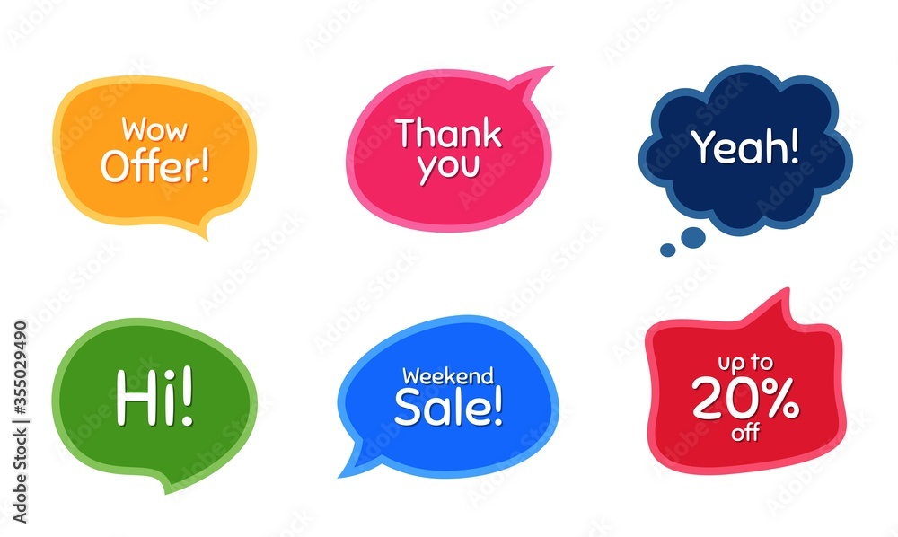 Weekend sale, 20% discount and wow offer. Colorful chat bubbles. Thank you phrase. Sale shopping text. Chat messages with phrases. Texting thought bubbles. Vector