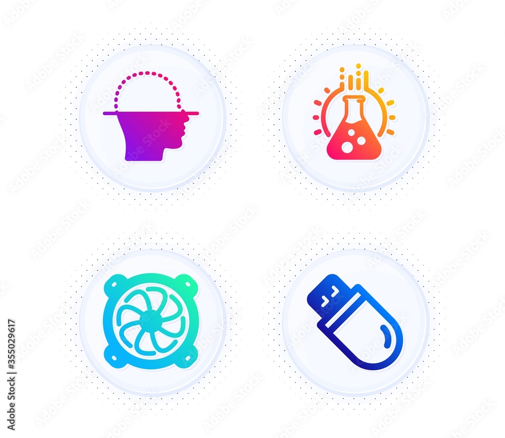 Face scanning, Chemistry lab and Computer fan icons simple set. Button with halftone dots. Usb stick sign. Faces detection, Laboratory, Pc ventilator. Memory flash. Science set. Vector