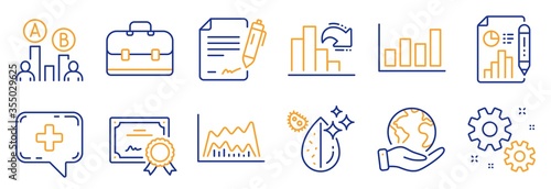 Set of Science icons, such as Decreasing graph, Signing document. Certificate, save planet. Ab testing, Report document, Work. Dirty water, Trade chart, Medical chat. Vector