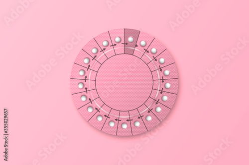 Vector Banner with Realistic Packaging of Birth Control Pills in Blister Closeup Isolated on Pink Background. Contraceptive Pill, Hormonal Pills. Design Template. Planning Pregnancy Concept. Top View