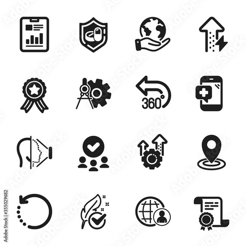 Set of Science icons, such as Location, Energy growing. Certificate, approved group, save planet. International recruitment, Report document, 360 degrees. Vector