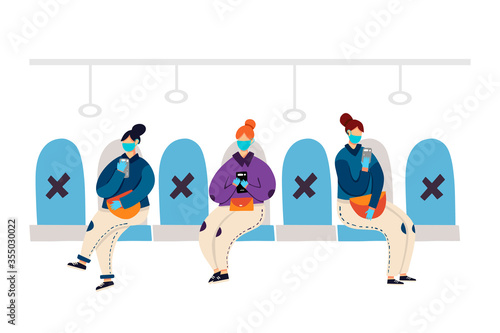 New reality social distancing concept vector illustration. Flat women in face mask and gloves keep distance on subway chairs. For banner, poster, landing page.