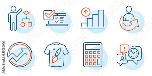 Online survey, Time management and Algorithm signs. Audit, Share and Calculator line icons set. Graph chart, T-shirt design symbols. Arrow graph, Referral person. Education set. Vector