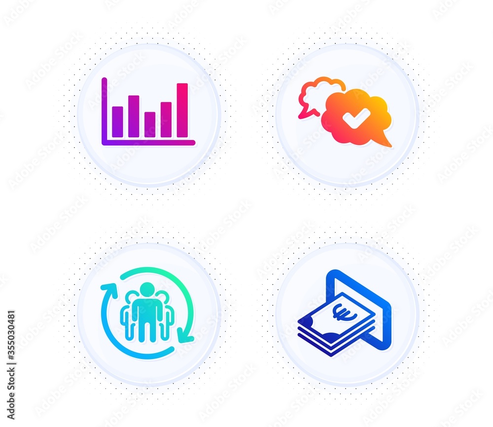 Column chart, Teamwork and Approved icons simple set. Button with halftone dots. Cash sign. Financial graph, Employees change, Comic message. Atm payment. Business set. Vector Column chart, Teamwork and Approved icons simple set. Button with halftone dots. Cash sign. Financial graph, Employees change, Comic message. Atm payment. Business set. Vector
