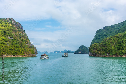 HA LONG BAY, VIETNAM, JANUARY 6 2020: Ship in the bay