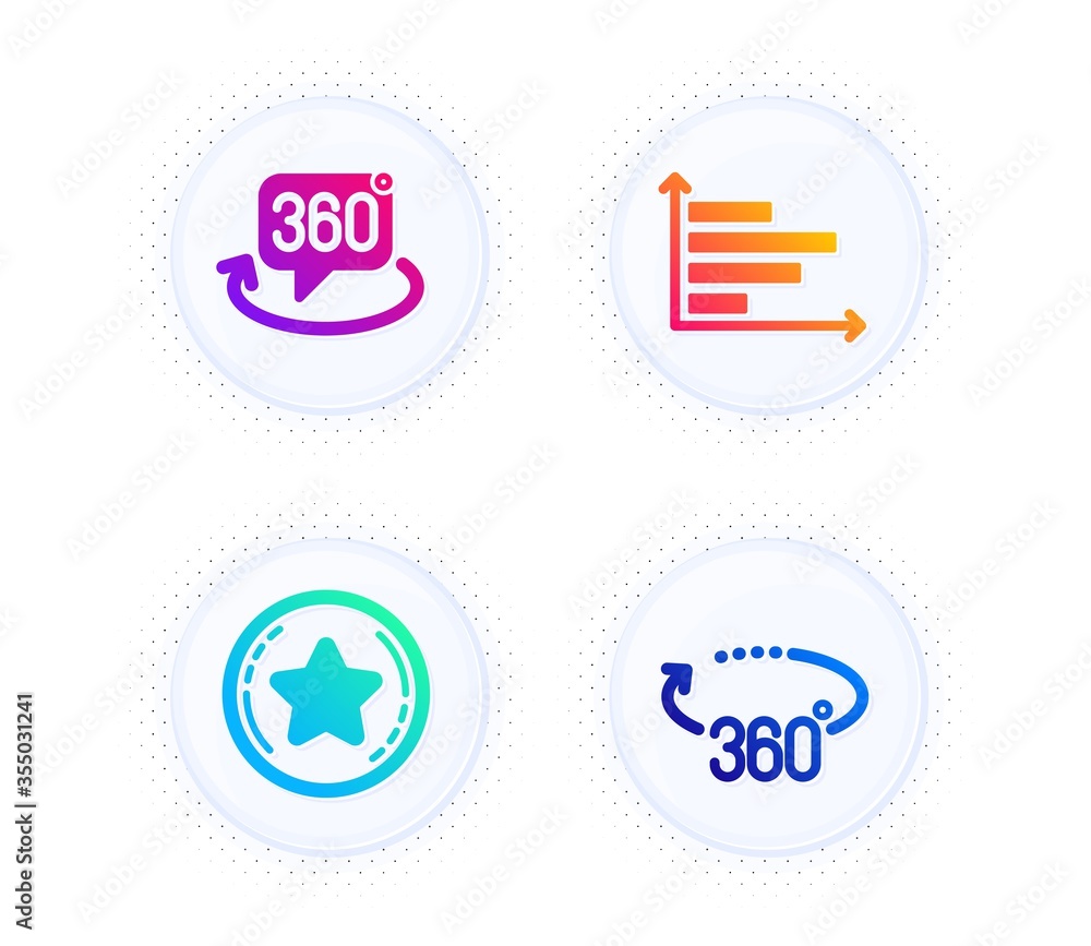 Loyalty star, Horizontal chart and 360 degree icons simple set. Button with halftone dots. 360 degrees sign. Bonus reward, Presentation graph, Virtual reality. Full rotation. Technology set. Vector