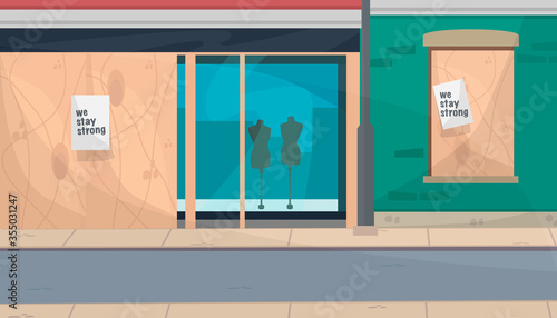 
Houses and Shops with boarded up shop windows. Consequences after pogroms in the USA. Protection of property during pogroms. Vector illustration. Protests.