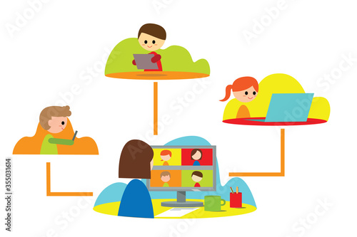 kids with teacher, online schooling, home e-learning, e-schooling, smart classes