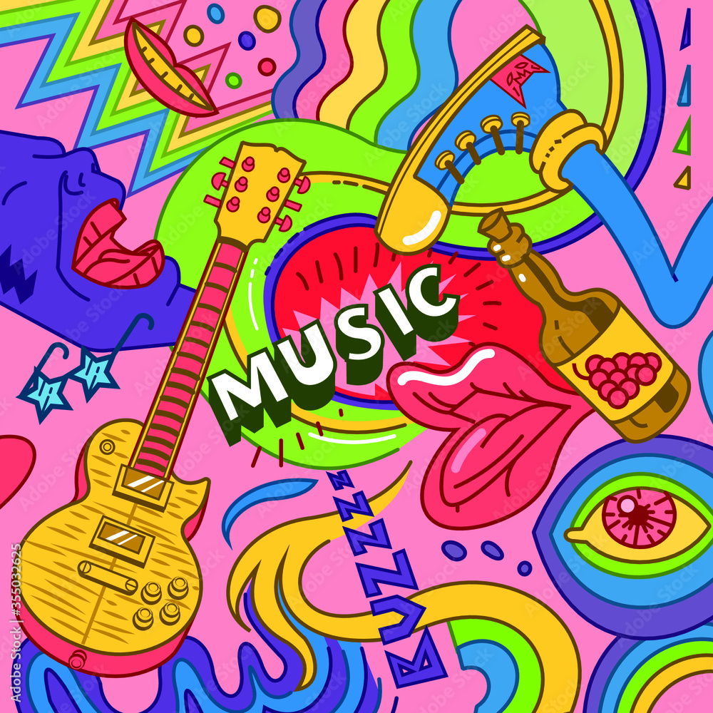 Psychedelic background. Colorful retro rock music podcast cover design.  Exotic musical crazy pattern. Hippie style rainbow poster. Stock Vector |  Adobe Stock