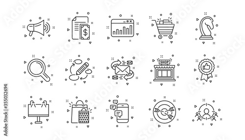 Strategy, Feedback and Advertising agency. Marketing, research line icons. Business strategy linear icon set. Geometric elements. Quality signs set. Vector