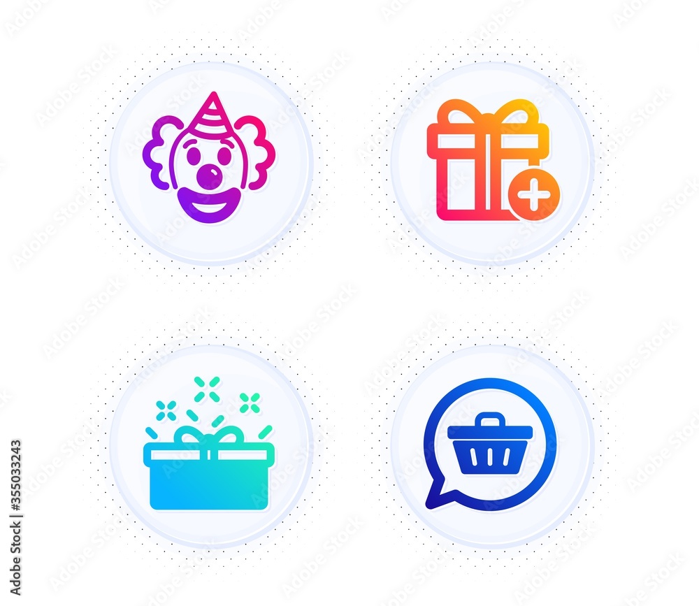 Add gift, Clown and Present box icons simple set. Button with halftone dots. Shopping cart sign. Present box, Funny performance, Sale offer. Dreaming of gift. Holidays set. Vector Add gift, Clown and Present box icons simple set. Button with halftone dots. Shopping cart sign. Present box, Funny performance, Sale offer. Dreaming of gift. Holidays set. Vector