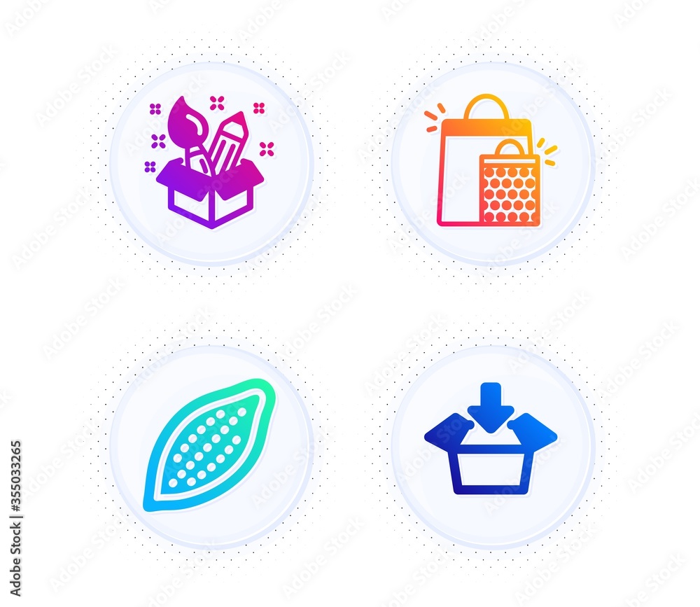 Cocoa nut, Creativity and Shopping bags icons simple set. Button with halftone dots. Get box sign. Vegetarian food, Design idea, Sale marketing. Send package. Business set. Vector