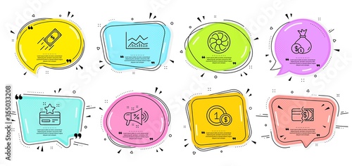 Loyalty card, Usd coins and Fan engine signs. Speech bubbles with quotes. Trade infochart, Sale megaphone and Fast payment line icons set. Payment methods, Cash symbols. Vector