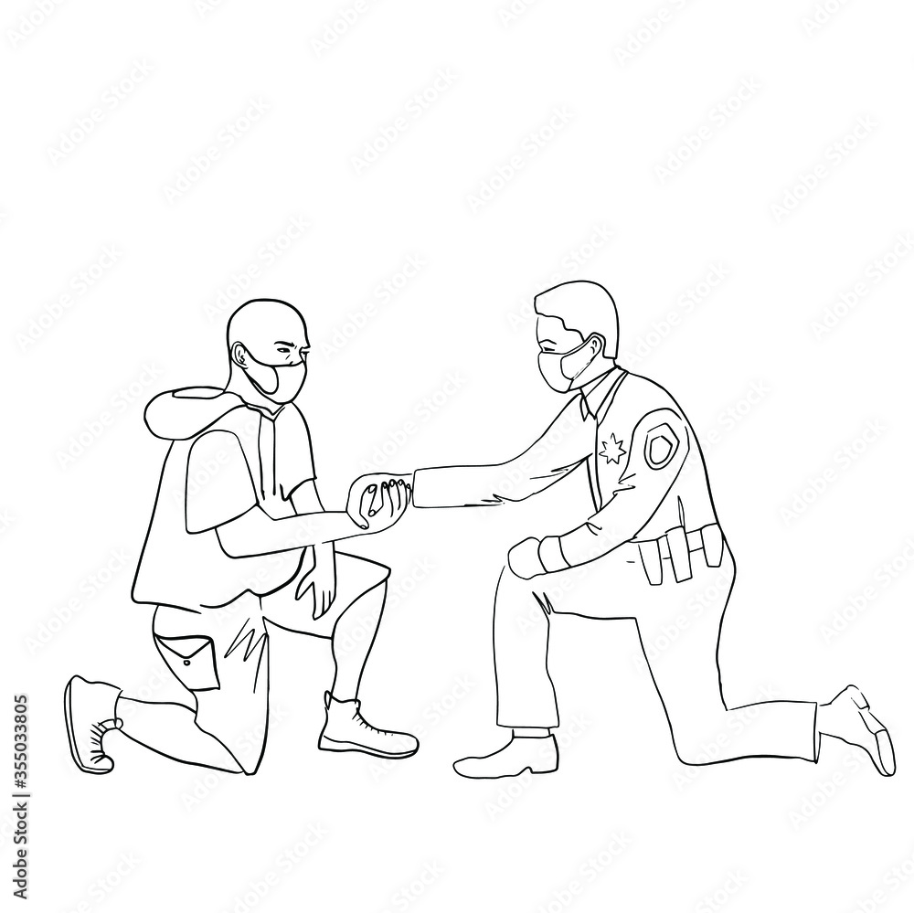 Black Lives Matter. Policeman kneeled, two hands holding. Protest Banner about Human Right of Black People in U.S. America. Vector Illustration. Icon Poster for printed matter and Symbol.