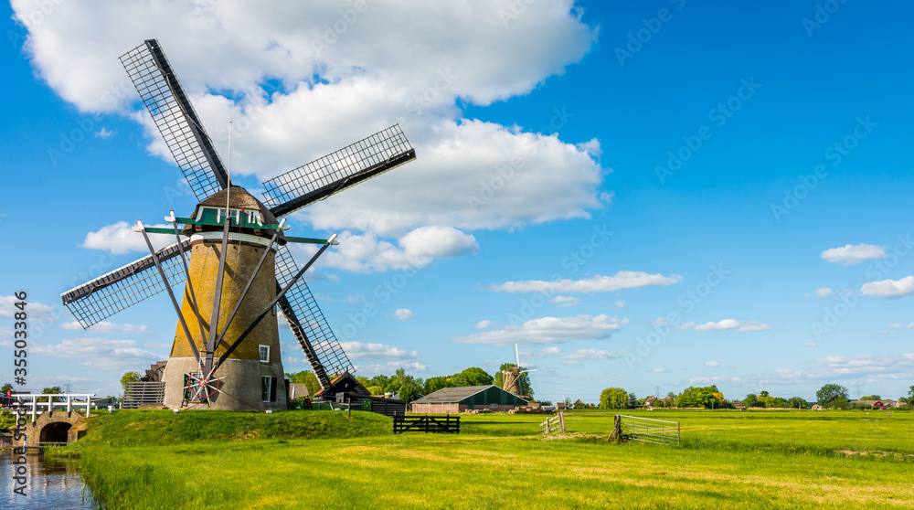 Dutch farmland in Oud-Alblas nearby Kinderdijk with traditional windmills on a sunny spring day