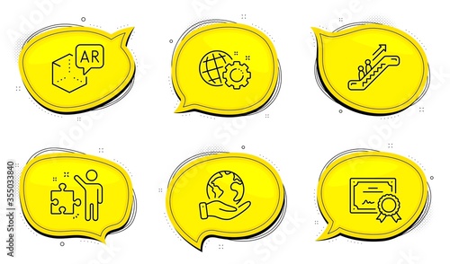 Augmented reality sign. Diploma certificate, save planet chat bubbles. Escalator, Seo gear and Strategy line icons set. Elevator, Web settings, Business plan. Virtual reality. Technology set. Vector