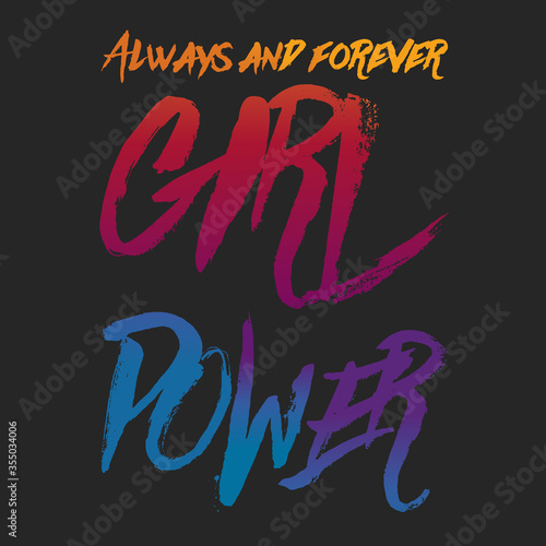 Girl power text  feminism slogan. Black inscription for t shirts  posters and wall art. Feminist sign handwritten with ink and brush. on a black background.
