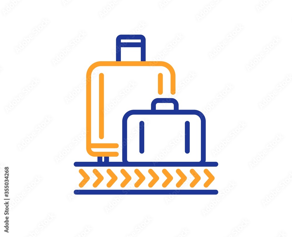 Airport baggage reclaim line icon. Airplane luggage lane sign. Flight checked bag symbol. Colorful thin line outline concept. Linear style baggage reclaim icon. Editable stroke. Vector Airport baggage reclaim line icon. Airplane luggage lane sign. Flight checked bag symbol. Colorful thin line outline concept. Linear style baggage reclaim icon. Editable stroke. Vector
