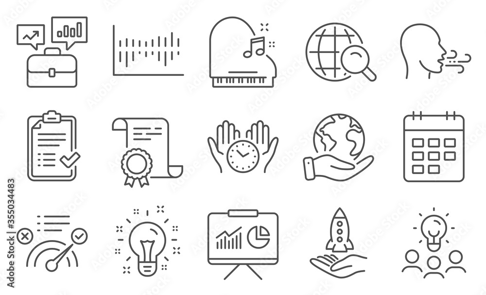Set of Education icons, such as Safe time, Presentation. Diploma, ideas, save planet. Idea, Piano, Internet search. Business portfolio, Breathing exercise, Calendar. Vector