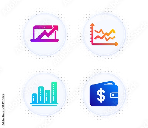 Graph chart, Sales diagram and Diagram chart icons simple set. Button with halftone dots. Dollar wallet sign. Growth report, Presentation graph, Cash money. Finance set. Vector