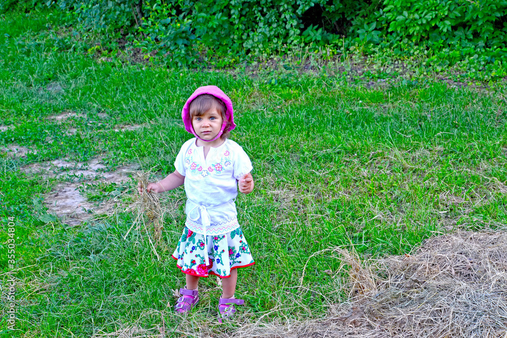 Φωτογραφία A two-year-old girl with a scrap of hay in her hand is standing in the village c