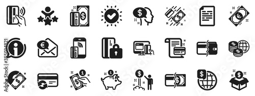 Update credit card, Contactless payment and Piggy bank icons. Money wallet icons. Online payment, Dollar exchange and Fast money send. Private pay, Blocked credit card and Wallet. Vector