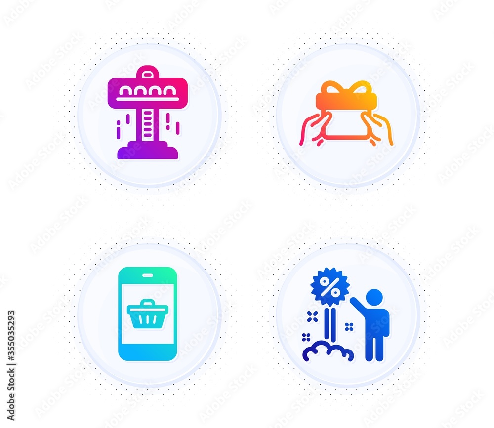 Smartphone buying, Give present and Attraction icons simple set. Button with halftone dots. Discount sign. Website shopping, Receive a gift, Free fall. Sale shopping. Holidays set. Vector