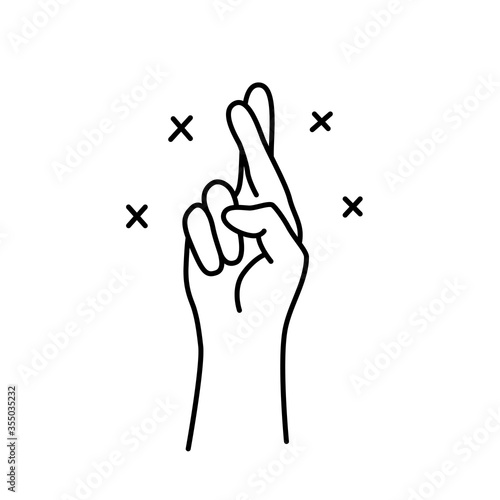 FINGERS CROSSED. Korean lucky sign. Finger luck symbol with cross. Promise hand gesture. Vector illustration on white background. Hand drawn design print for tee, t shirt, cards, banner, poster