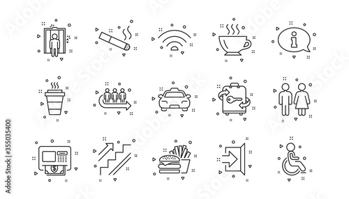 Elevator, Taxi and Wifi internet. Public services line icons. Fast food linear icon set. Geometric elements. Quality signs set. Vector