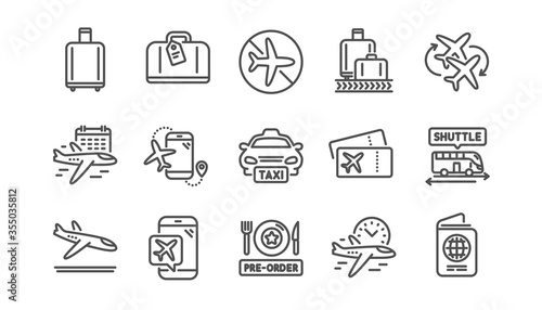 Airport line icons set. Boarding pass, Baggage claim, Arrival. Connecting flight, tickets, pre-order food icons. Passport control, airport baggage carousel, flight mode. Linear set. Vector