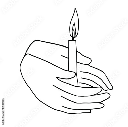 Burning candle in hands. Hands folded in prayer. Preyer christian. Sketch style hand drawn elements. Stock outline vector illustration, isolated on white background. For cards, posters, stickers desig