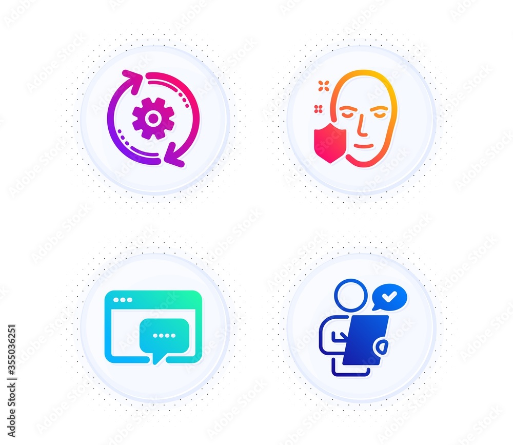 Face protection, Cogwheel and Seo message icons simple set. Button with halftone dots. Customer survey sign. Secure access, Engineering tool, Support chat. Contract. Science set. Vector