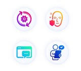 Face protection, Cogwheel and Seo message icons simple set. Button with halftone dots. Customer survey sign. Secure access, Engineering tool, Support chat. Contract. Science set. Vector