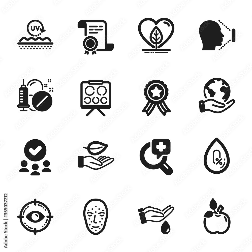 Set of Healthcare icons, such as Vision board, Leaf. Certificate, approved group, save planet. Medical drugs, Eco food, Face biometrics. Local grown, Face id, No alcohol. Vector