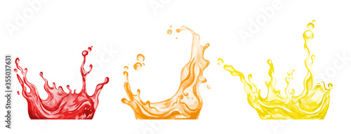 Set of three full color juice splashes, hand drawn