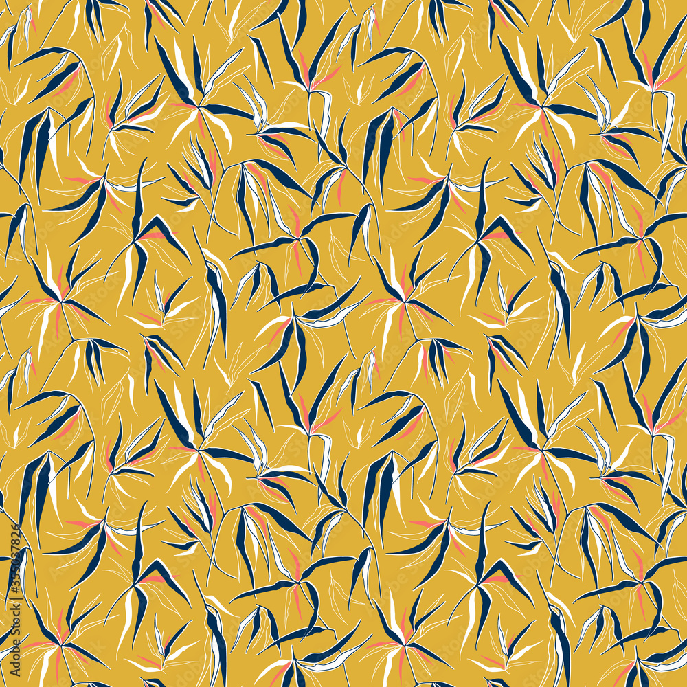 Elegant hand drawn bamboo leaves in a tossed pattern seamless repeat. Vintage style vector pattern design with botanical motifs on trendy mustard yellow background.