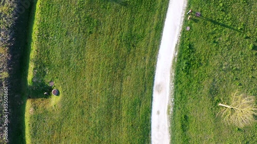 Aerial view of a young woman walking her small dog in the Park