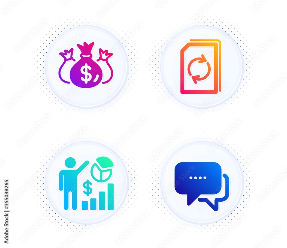 Update document, Check investment and Seo statistics icons simple set. Button with halftone dots. Message sign. Refresh file, Business report, Analytics chart. Chat bubble. Technology set. Vector