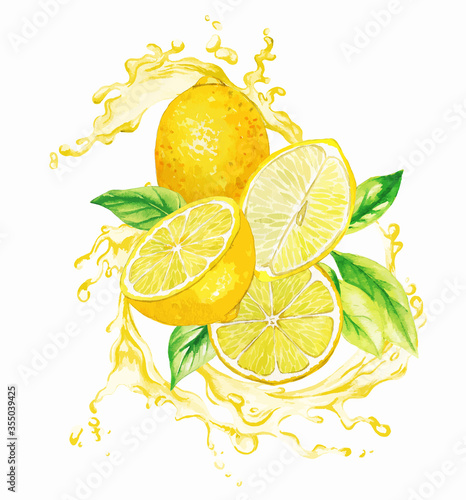 Yellow lemons and leaves in the splash of yellow juice